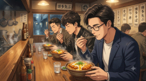 ⁠真夜中の午前2時、中洲の路地裏にある老舗の和風蕎麦屋「博多 薮」の店内で、スマートなメガネをかけたオシャレな日本人パパと清潔感のあるイケメンの男性友人2名が、カウンターで蓋から湯気が立ち上るボリューム満点の熱々カツ丼を前に、あまりの美味さに無言で夢中になって啜っている、昭和ノスタルジックで温かい照明に包まれたアニメスタイルのイラスト。⁠
