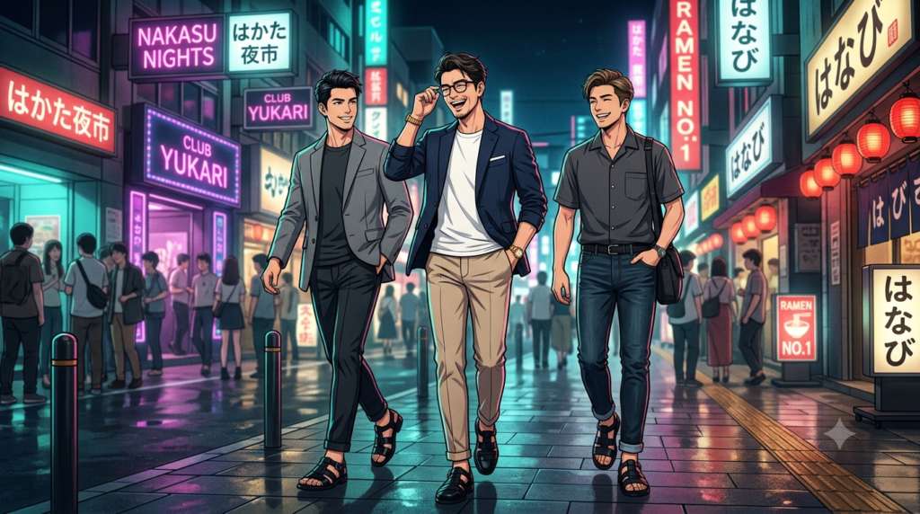 ⁠真夏の中洲のネオン街を歩く、スマートなメガネをかけたオシャレな日本人パパと清潔感のあるイケメンの男性友人2名。3人とも上質なブラックレザーの高級グルカサンダルを履き、汗ひとつかいていないサラリとした涼しげな笑顔で、大人の余裕を漂わせながらナイトライフを楽しんでいる、スタイリッシュで洗練されたアニメスタイルのイラスト。⁠