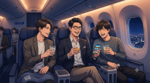⁠夜の羽田空港へと向かうANA NH268便のラグジュアリーで洗練された機内で、スマートなメガネをかけたオシャレな日本人パパと清潔感のあるイケメンの男性友人2名が、快適なシートに深く腰掛け、冷えたドリンクのグラスを片手に、旅のパンフレットやスマートフォンの写真を見せ合いながら、最高に楽しそうな満面の笑顔で博多旅の思い出を語り合っているアニメスタイルのイラスト。⁠