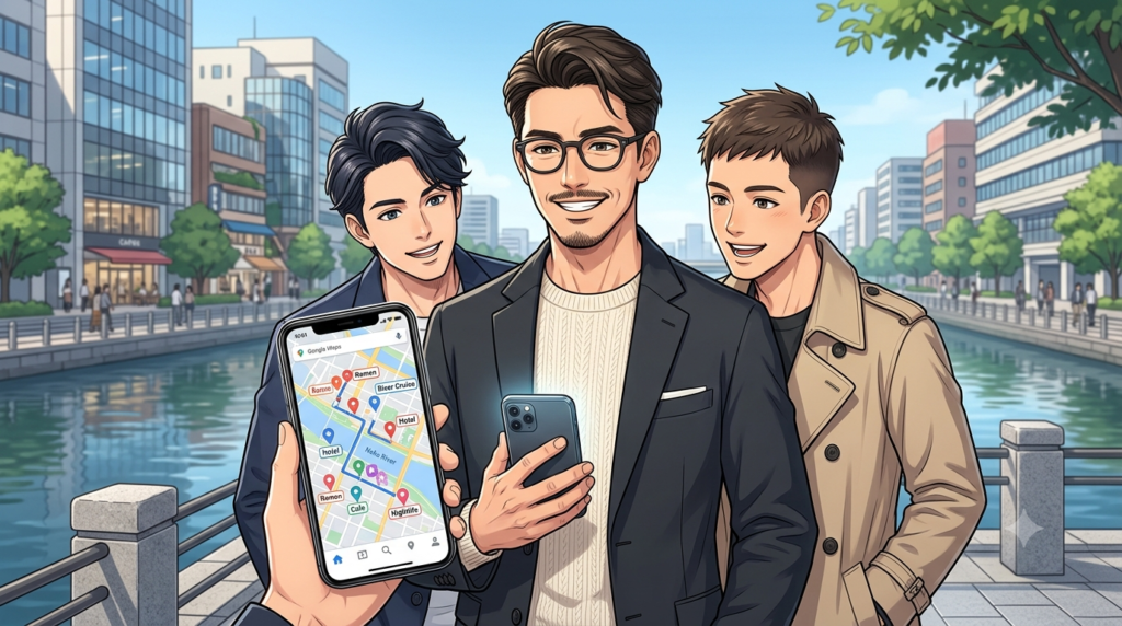 ⁠洗練された博多の夜の街並みをバックに、スマートなメガネをかけたオシャレな日本人パパが、スマートフォンの洗練されたGoogle Mapsの画面を常連様2名に見せながら、自信に満ちた笑顔で次の隠れ家レストランへのルートをスマートに指し示している、都會的でインテリジェンスなアニメスタイルのイラスト。⁠