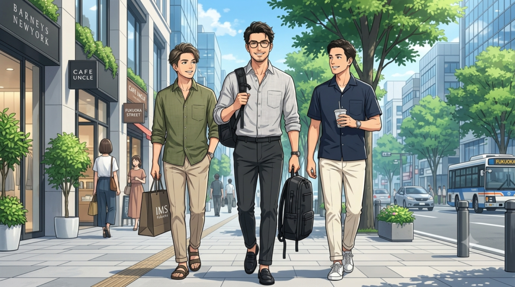 ⁠真夏の爽やかな青空が広がる博多の洗練された街角で、スマートなメガネをかけたオシャレな日本人パパが、機能美あふれる黒のtacticalバックパックを片手に、シワ1つない涼しげなリネンシャツを着こなし、汗を一切感じさせない完璧に整ったイケメンな笑顔で歩いているアニメスタイルのイラスト。⁠