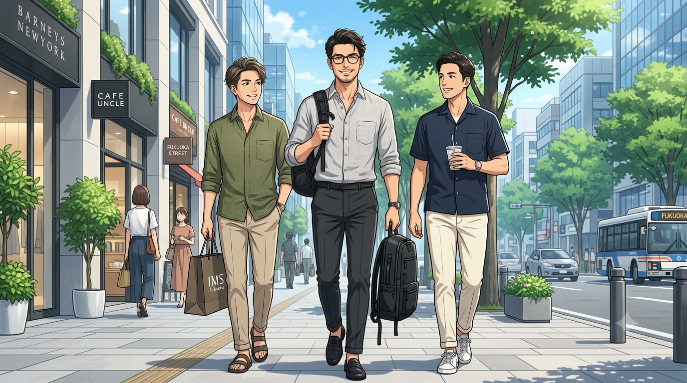 ⁠真夏の爽やかな青空が広がる博多の洗練された街角で、スマートなメガネをかけたオシャレな日本人パパが、機能美あふれる黒のtacticalバックパックを片手に、シワ1つない涼しげなリネンシャツを着こなし、汗を一切感じさせない完璧に整ったイケメンな笑顔で歩いているアニメスタイルのイラスト。⁠