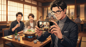 ⁠洗練された博多の老舗レストランの個室で、スマートなメガネをかけたオシャレな日本人パパが、最新のiPhoneをスマートに構え、目の前で湯気を立てる極上の水炊き鍋と、それを見て最高にはっちゃけた満面の笑顔を浮かべるイケメンな友人2名の姿を一瞬で美しく撮影している、都会的でデジタルライフなアニメスタイルのイラスト。