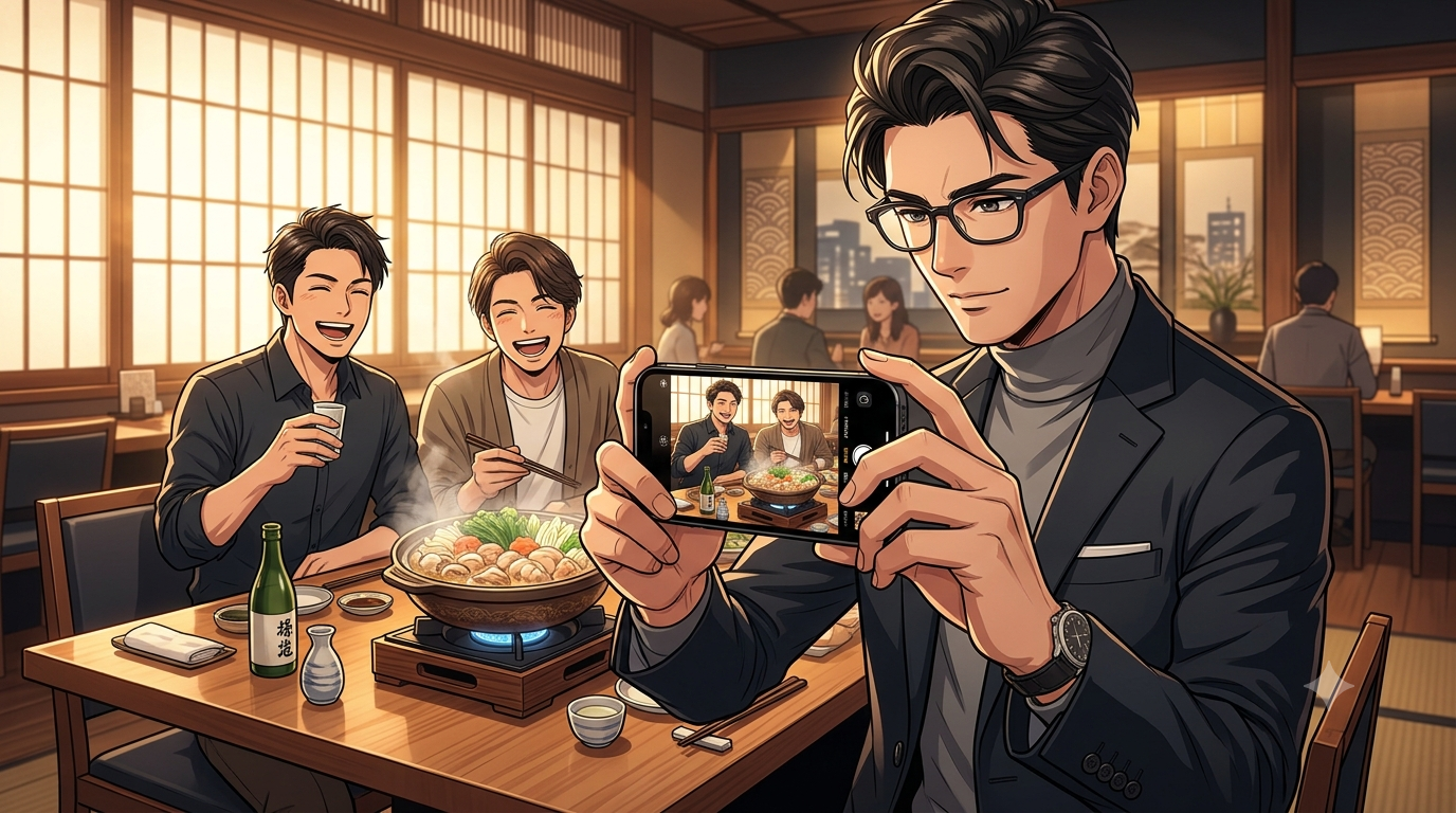 ⁠洗練された博多の老舗レストランの個室で、スマートなメガネをかけたオシャレな日本人パパが、最新のiPhoneをスマートに構え、目の前で湯気を立てる極上の水炊き鍋と、それを見て最高にはっちゃけた満面の笑顔を浮かべるイケメンな友人2名の姿を一瞬で美しく撮影している、都会的でデジタルライフなアニメスタイルのイラスト。