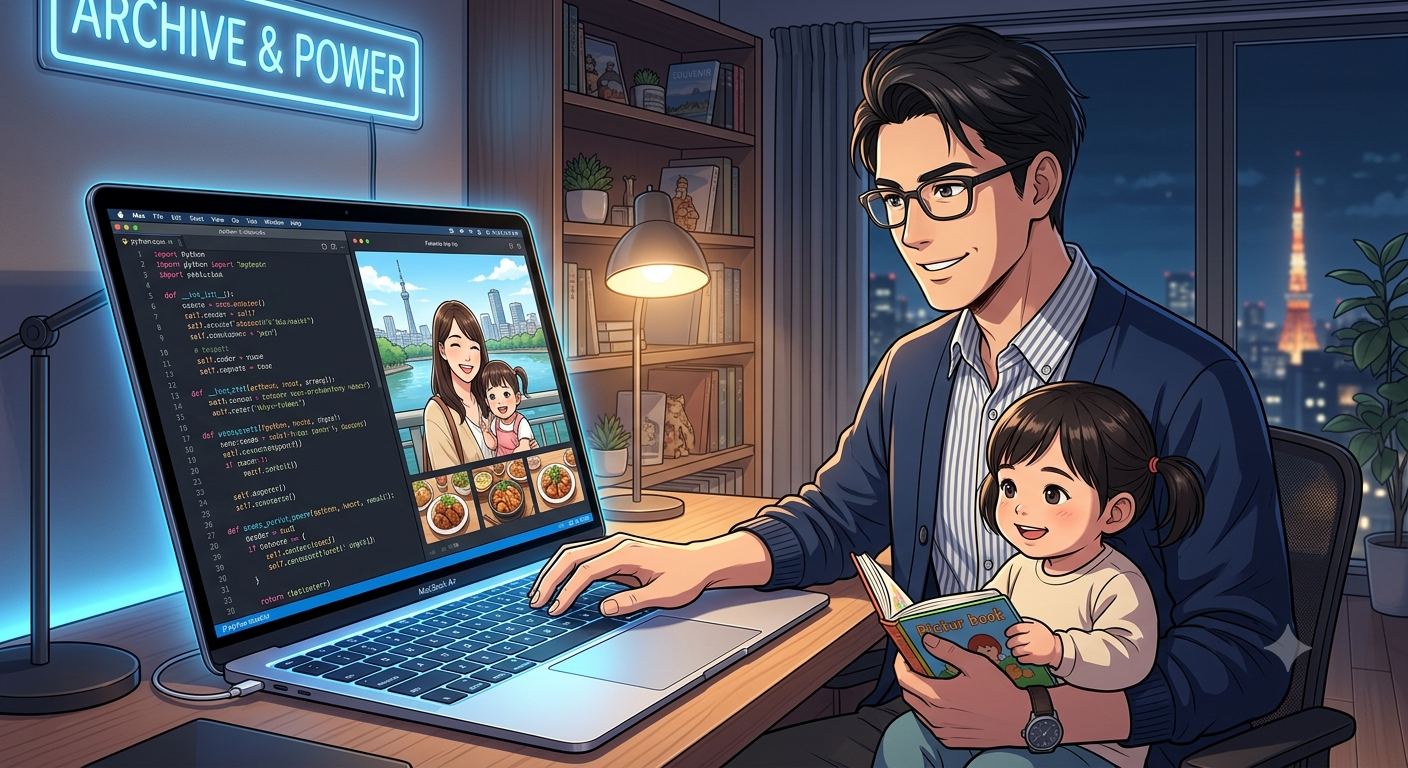 ⁠夜の洗練された自宅の書斎で、スマートなメガネをかけたオシャレな日本人パパが、スタイリッシュなM4 MacBook Airの画面に家族旅行の楽しそうな写真やPythonのプログラムを展開し、未来の旅行計画を見据えて自信に満ちた笑顔を浮かべているアニメスタイルのイラスト。