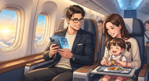 ⁠ANAまたはJALのプレミアムで広々とした航空機内で、スマートなメガネをかけたオシャレな日本人パパが、隣のシートに座る2歳の可愛い愛娘と優しい笑顔の妻を最新のiPhoneでスマートに撮影している、清潔感溢れる子連れフライトの様子を描いたアニメスタイルのイラスト。⁠