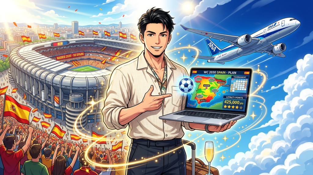 2030年スペインW杯の熱狂するスタジアムを背景に、東京のオーナーシェフ・ダスティがM4 MacBook Airを使って家族でのビジネスクラス・ポイント宿泊計画をハックしているプレミアムなアニメ風アイキャッチ画像
