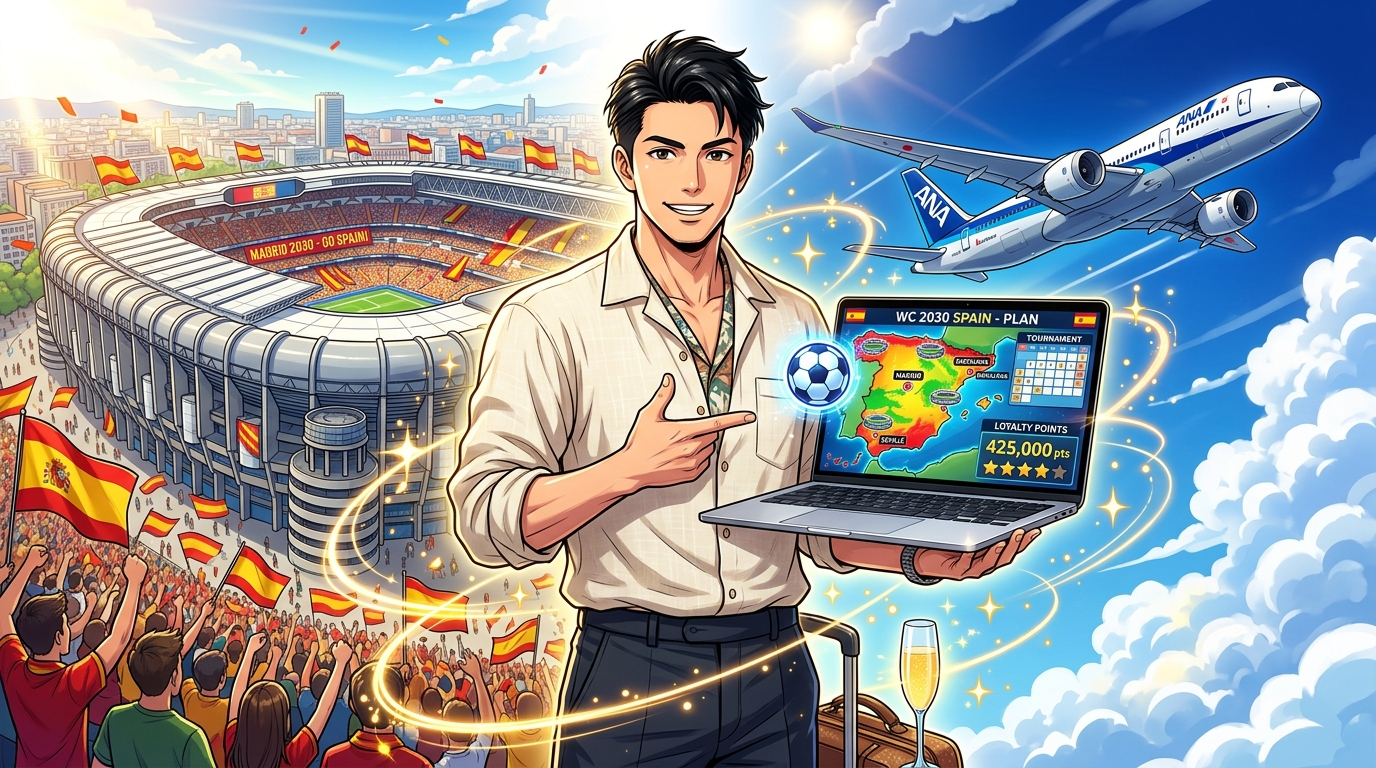 2030年スペインW杯の熱狂するスタジアムを背景に、東京のオーナーシェフ・ダスティがM4 MacBook Airを使って家族でのビジネスクラス・ポイント宿泊計画をハックしているプレミアムなアニメ風アイキャッチ画像