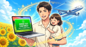 真夏の青空とひまわりが輝く地方リゾートを背景に、カジュアルなリゾートシャツ姿のダスティシェフが、M4 MacBook Airの画面で「特典航空券・空席確保成功！」のポップアップを見て、2歳の娘を抱っこしながらガッツポーズしている、クリック率を最大化するプレミアムなアイキャッチ画像