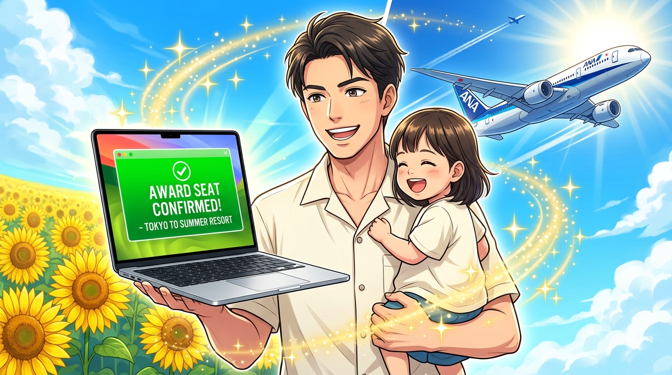 真夏の青空とひまわりが輝く地方リゾートを背景に、カジュアルなリゾートシャツ姿のダスティシェフが、M4 MacBook Airの画面で「特典航空券・空席確保成功!」のポップアップを見て、2歳の娘を抱っこしながらガッツポーズしている、クリック率を最大化するプレミアムなアイキャッチ画像