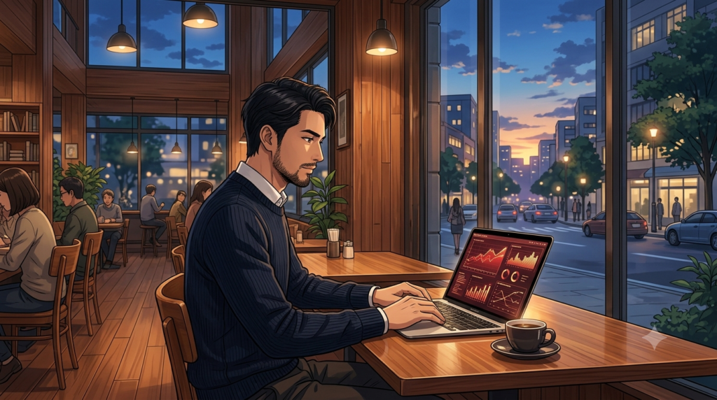 M4 MacBook Airの画面でPontaポイントからJALマイルへの20%増量シミュレーション表を真剣なまなざしで確認しながら、カフェでスマートにポイント交換の操作を進めるスタイリッシュな30代後半の日本人男性シェフ。